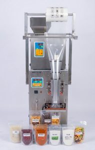 FZL-200 automatic packaging machine for powders and granules displayed with packaged rice, red beans, spices, sea salt, flour, and dried fruit.