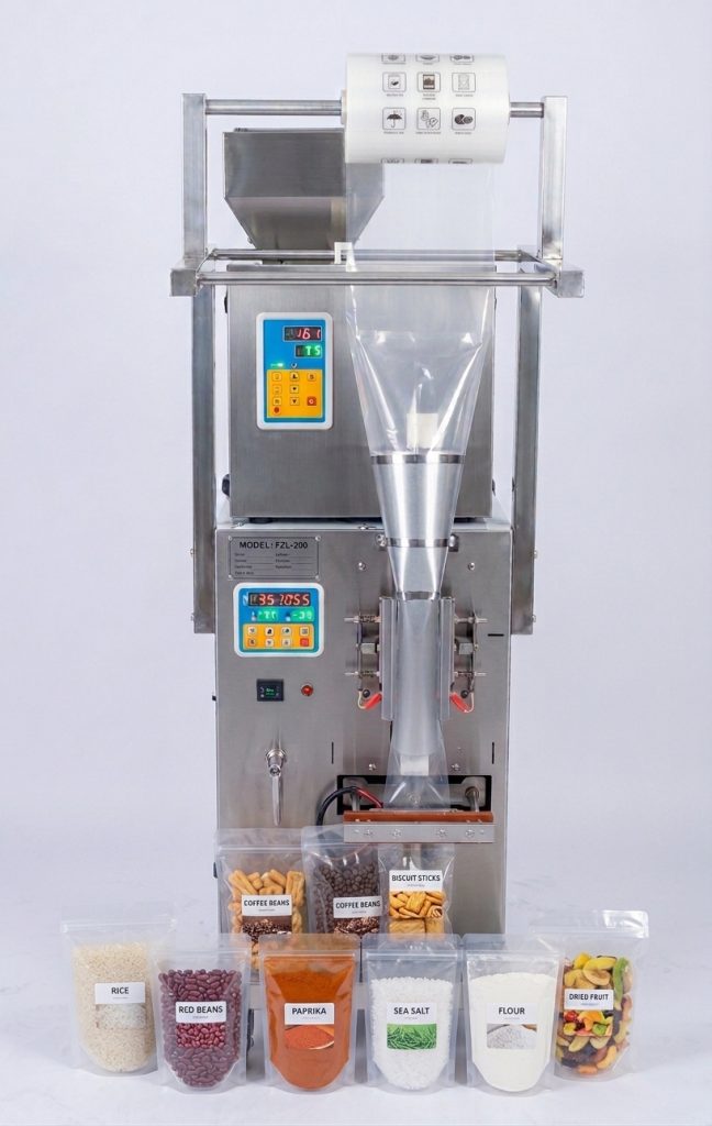 FZL-200 automatic packaging machine for powders and granules displayed with packaged rice, red beans, spices, sea salt, flour, and dried fruit.