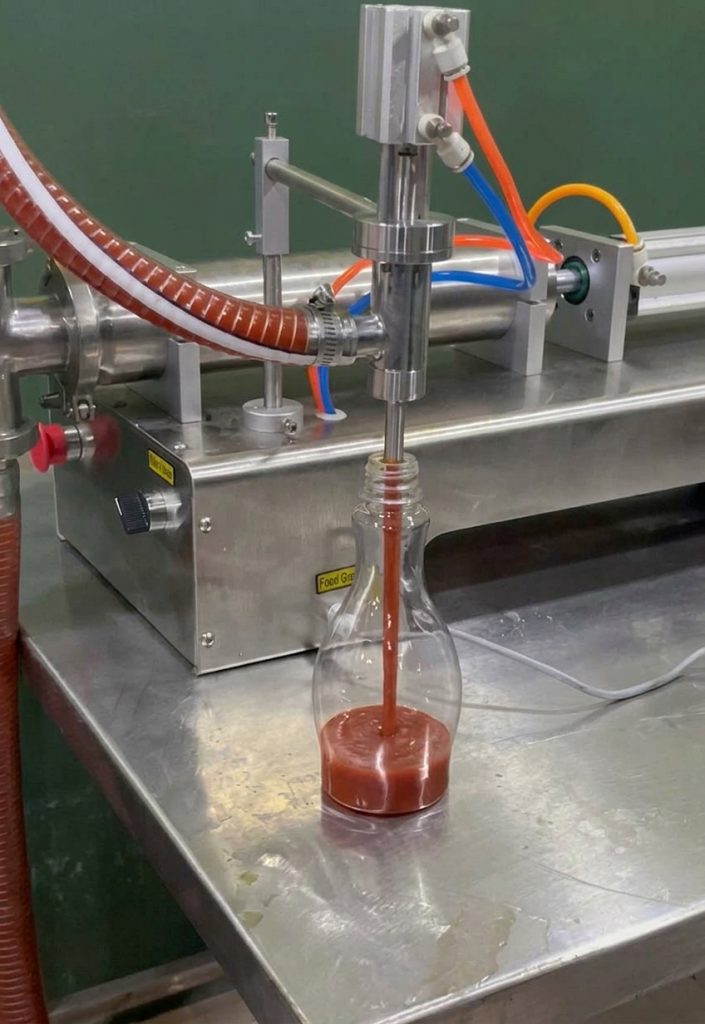 Semi-automatic GC-A liquid filling machine dispensing red oil into glass bottles on a stainless steel worktable